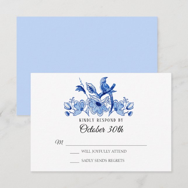Invitation RSVP Mariage Fleurs de Chinoiserie Aquarelle Bleu  (Devant / Derrière)
