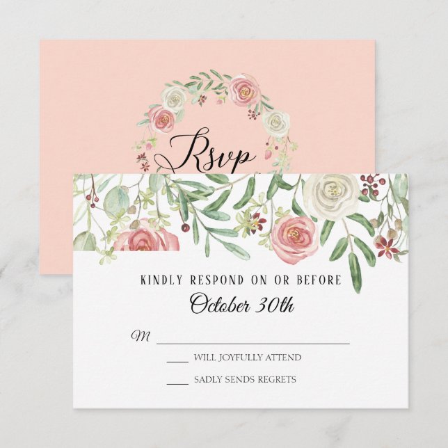Invitation RSVP Mariage Fleurs de rose ivoire blush Feuilles  (Devant / Derrière)