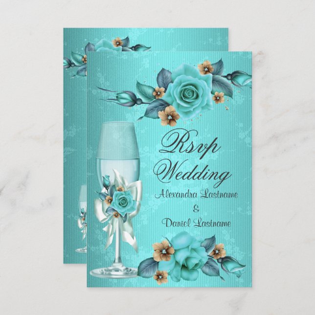 Invitation RSVP Mariage Fleurs Roses Champagne Bleu sarcelle  (Devant / Derrière)