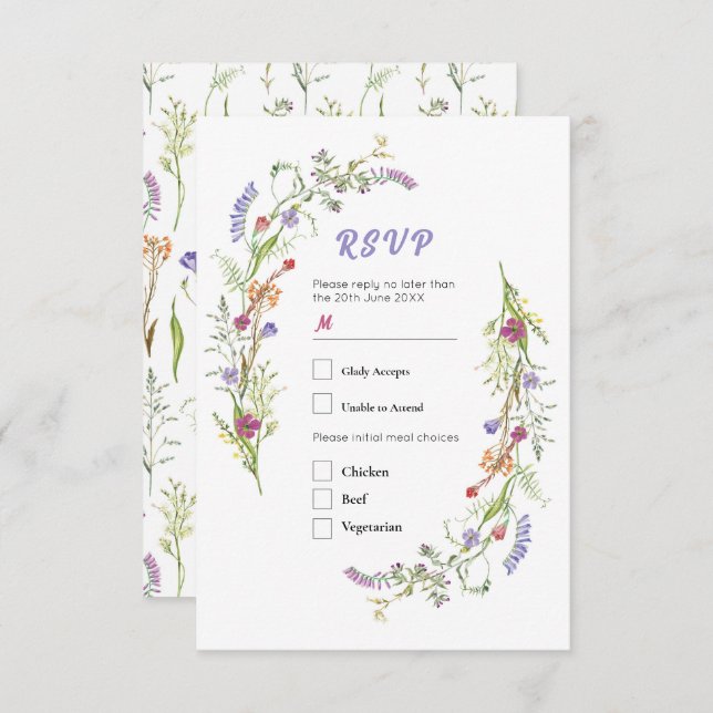 Invitation RSVP Mariage Fleurs sauvages Floral Ditsy (Devant / Derrière)