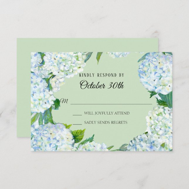 Invitation RSVP Mariage Floral Blanc Hydrangea Mint Green (Devant / Derrière)