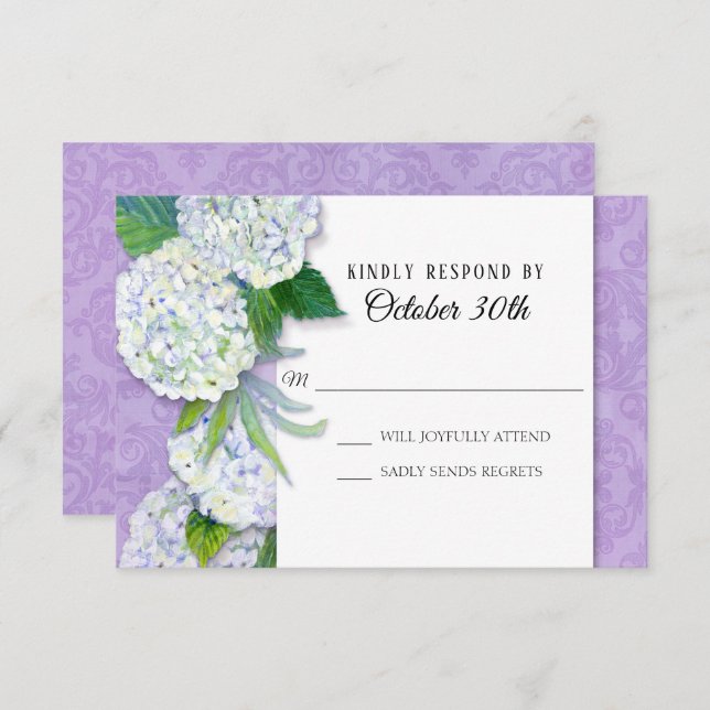 Invitation RSVP Mariage Floral Hydrangea Lavande Damask Art (Devant / Derrière)