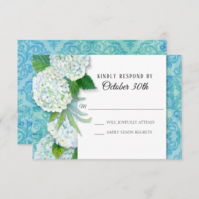 Invitation RSVP Mariage Floral Hydrangeas Aqua Damask Modèle (Devant / Derrière)