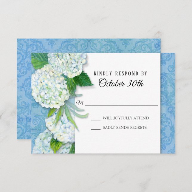 Invitation RSVP Mariage Floral Hydrangeas Blue Damask Patte (Devant / Derrière)