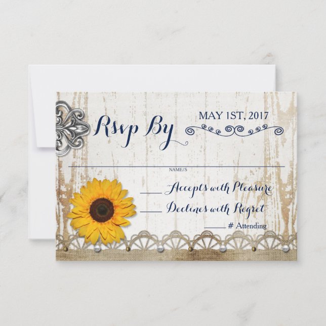 Invitation RSVP Mariage Floral Tournesol Bois Blanc Rustique (Devant)