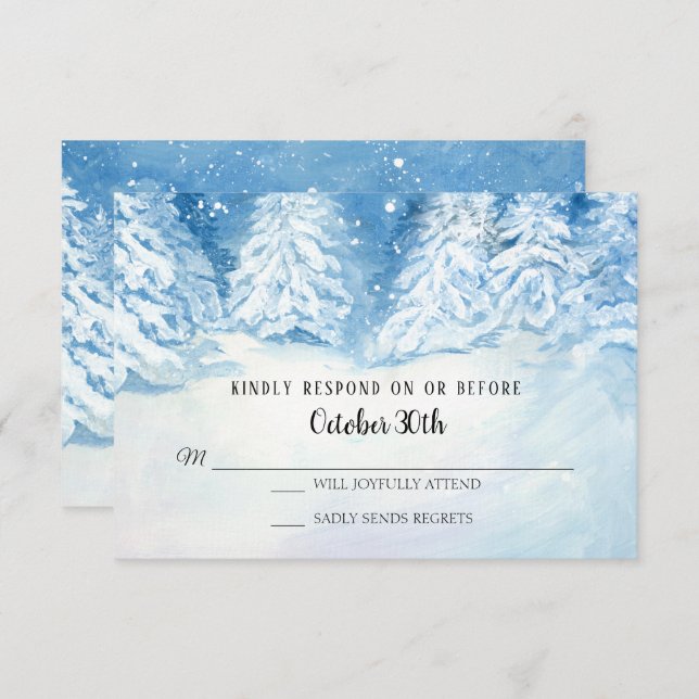 Invitation RSVP Mariage Forêt d'Hiver Arbres enneigés Aquarel (Devant / Derrière)