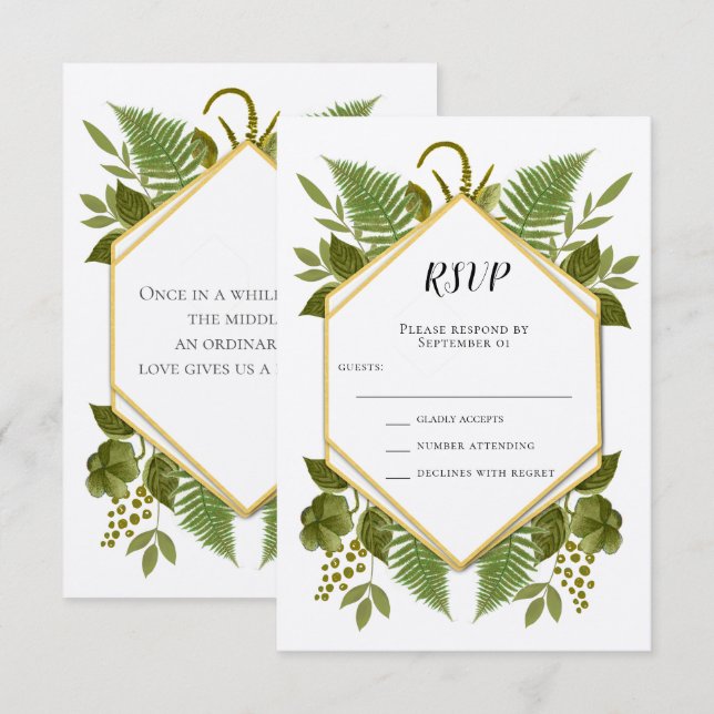 Invitation RSVP mariage Fougères et Faune Or et Verdure (Devant / Derrière)