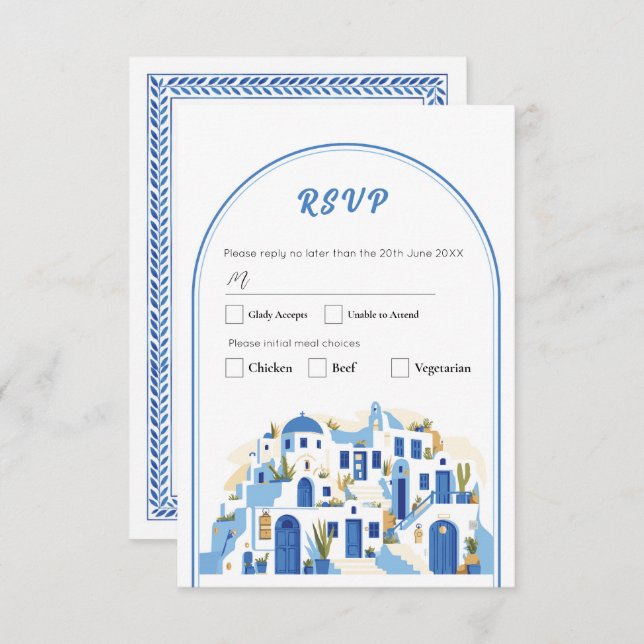 Invitation RSVP Mariage grec Santorin Grèce bleu (Devant / Derrière)