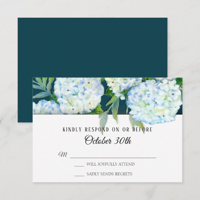 Invitation RSVP Mariage Hydrangeas Peintes en Blanc Bleu Paon (Devant / Derrière)