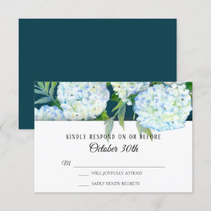 Invitation RSVP Mariage Hydrangeas Peintes en Blanc Bleu Paon