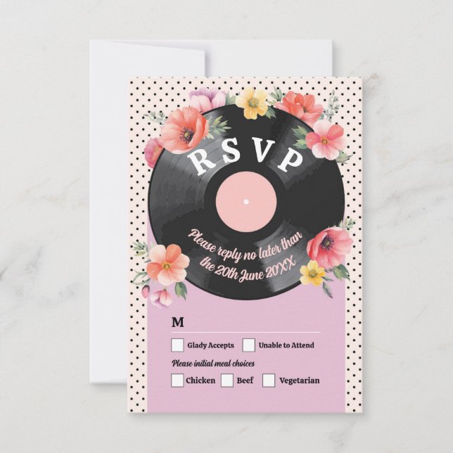 Invitation RSVP Mariage Music Record Mariage Floral 1950 (Devant)