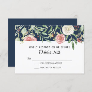 Invitation RSVP Mariage Navy Blush Ivory Rose Folift Leaf