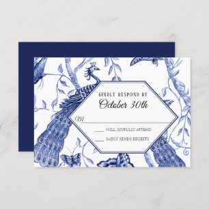 Invitation RSVP Mariage Navy Chinoiserie Peacock Butterflies
