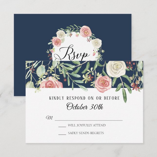 Invitation RSVP Mariage Navy Fleur Rose Ivoire Feuille (Devant / Derrière)