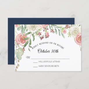 Invitation RSVP Mariage Navy Pale Blush Roses d'ivoire floral