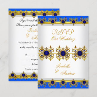 Invitation RSVP Mariage Or Bleu Royal Gemme Blanc