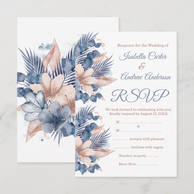 Invitation RSVP Mariage Rose Bleu Pêche Beige Floral Blanc (Devant / Derrière)