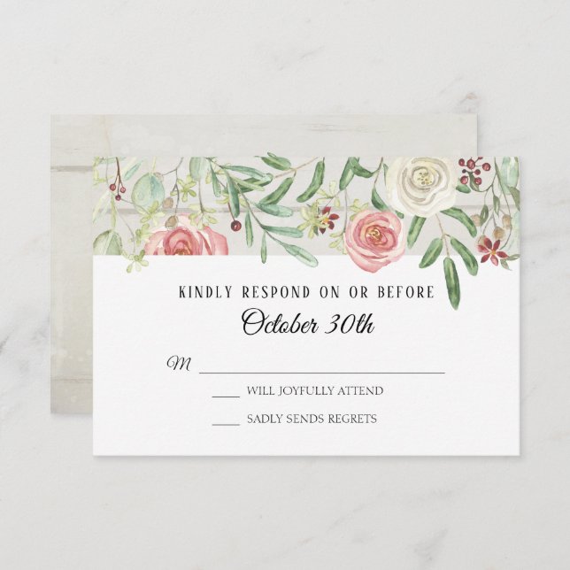 Invitation RSVP Mariage Rose Ivoire Blush Planche En Bois Rus (Devant / Derrière)