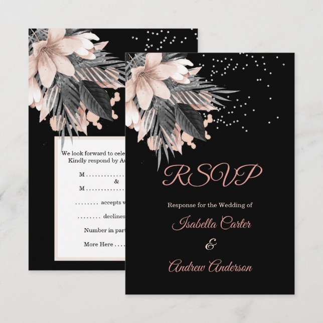 Invitation RSVP Mariage Rose Pêche Rose Charbon Floral (Devant / Derrière)
