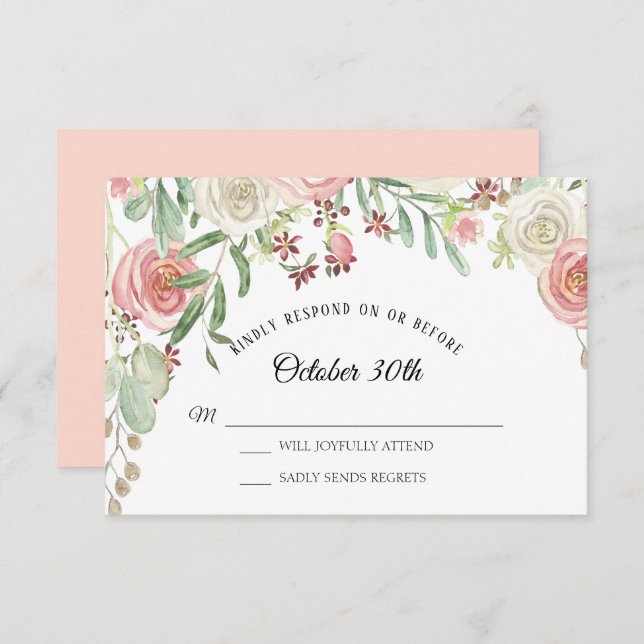 Invitation RSVP Mariage Roses Fleurales Blush Ivoire (Devant / Derrière)