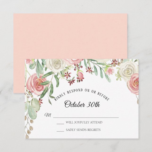 Invitation RSVP Mariage Roses Fleurales Rose Pâle Ivoire (Devant / Derrière)