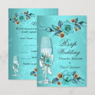 Invitation RSVP Mariage Roses Fleurs Champagne Bleu Turquoise