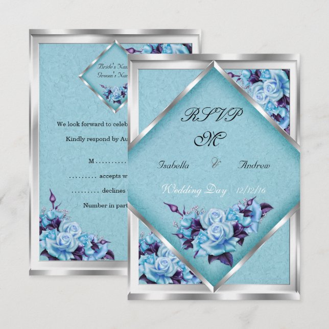Invitation RSVP Mariage Roses Tilleul Violet Bouquet Argent (Devant / Derrière)