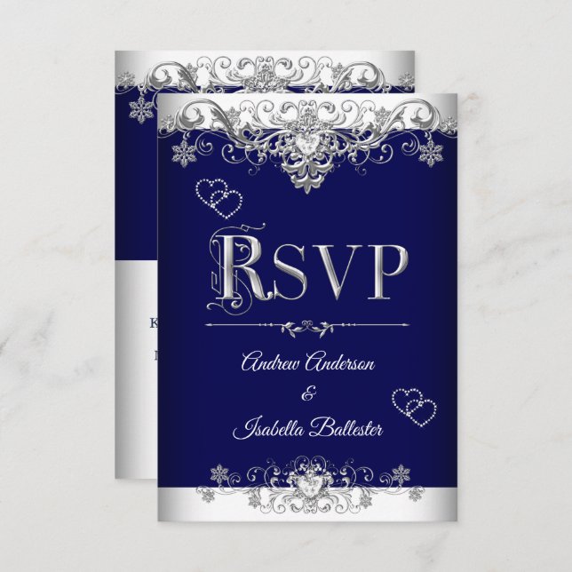 Invitation RSVP Mariage Royal Blue Silver Diamond Hearts (Devant / Derrière)