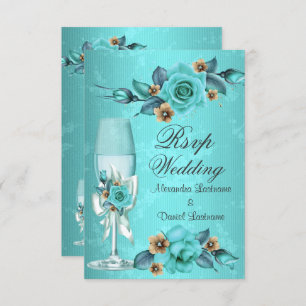 Invitation RSVP Mariage Turquoise Champagne Rose Fleurs