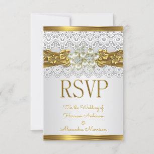 Invitation RSVP Mariage White Pearl Or dentelle florale