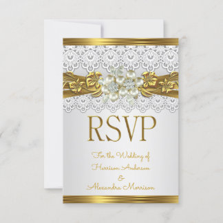 Invitation RSVP Mariage White Pearl Or dentelle florale