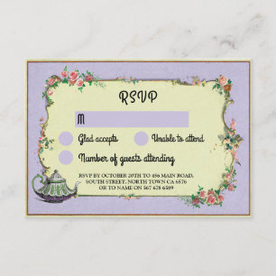 Invitation RSVP Mariage Wonderland Teapot Purple Fleurs