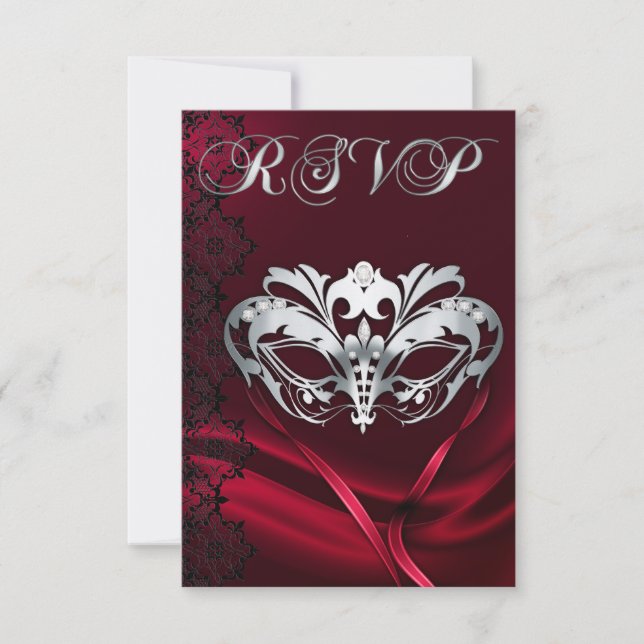 Invitation RSVP Mascarade Argent Bijou Rouge (Devant)