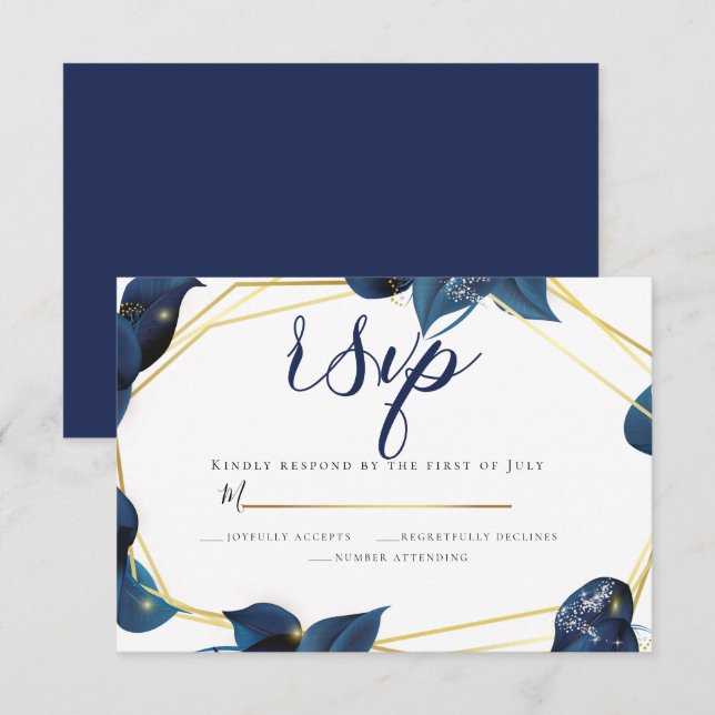 Invitation RSVP | Moderne Deep Indigo Bleu et Or (Devant / Derrière)