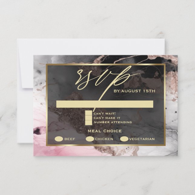 Invitation RSVP Moderne Peinture Abstraite Rose Charbon Or (Devant)