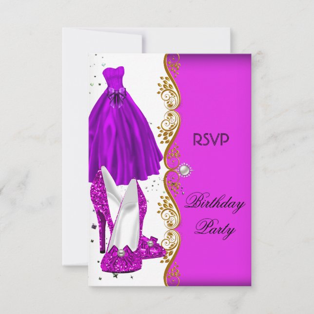 Invitation RSVP Paillettes Rose Violet Chaussures Robe Or (Devant)