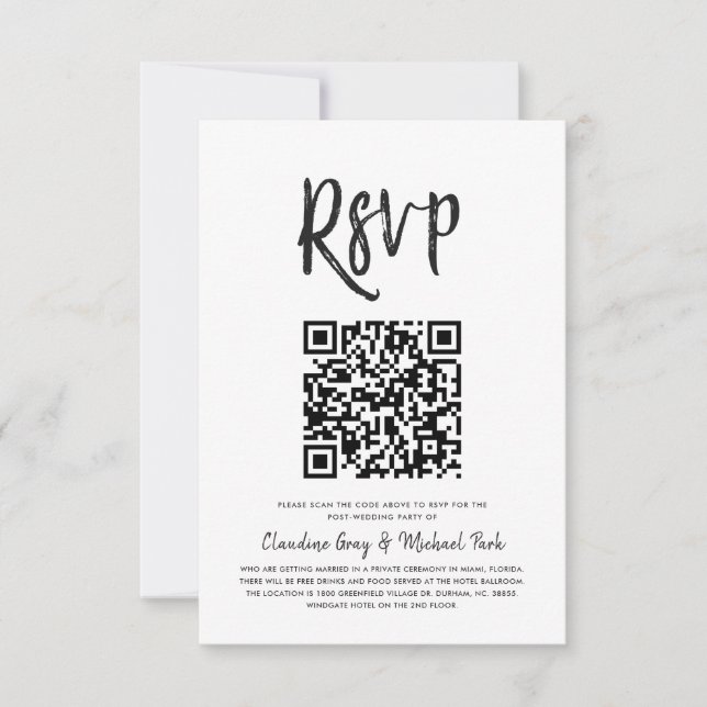 Invitation RSVP par code QR | Style de script blanc noir (Devant)