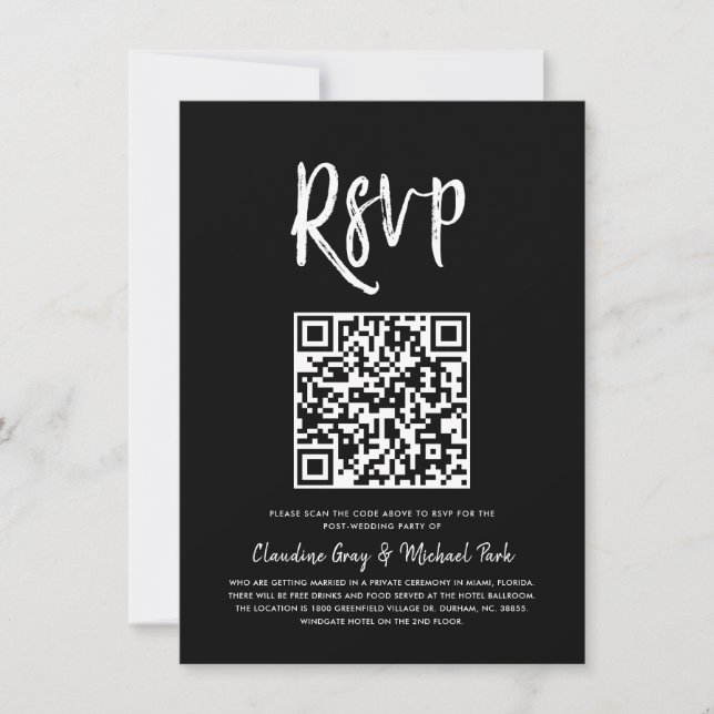 Invitation RSVP par code QR | Style de script noir solide RSV (Devant)