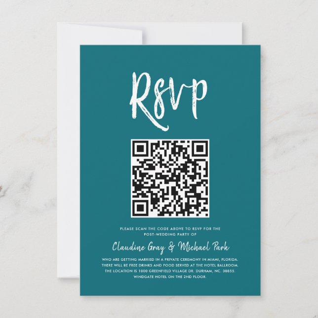 Invitation RSVP par code QR | Style de script Turquoise RSVP (Devant)