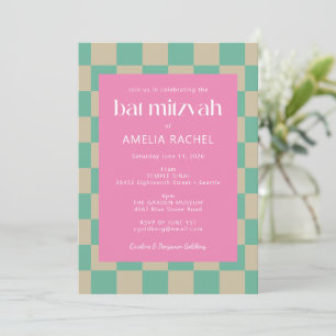 Invitation RSVP pour la Bat Mitzvah à carreaux rose menthe mo
