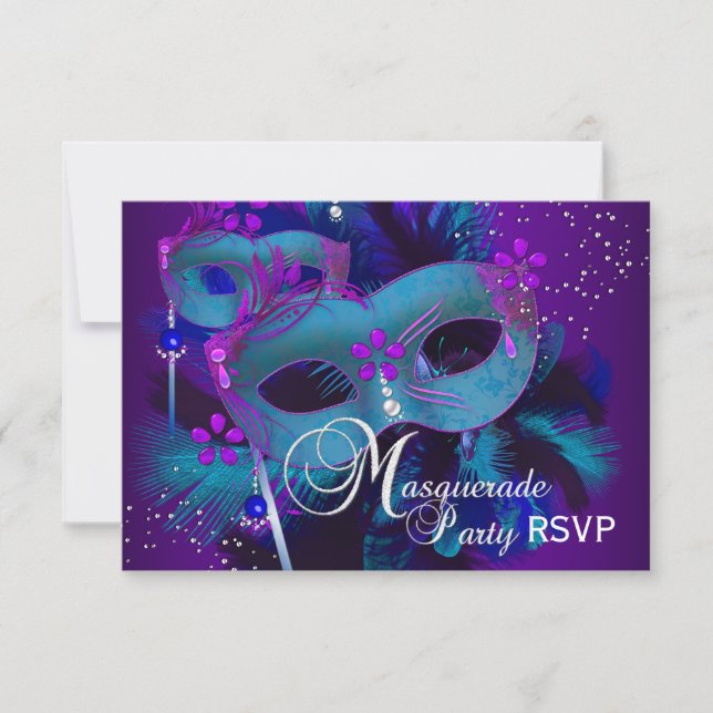 Invitation RSVP pour la soirée masquée aux masques sarcelle e (Devant)