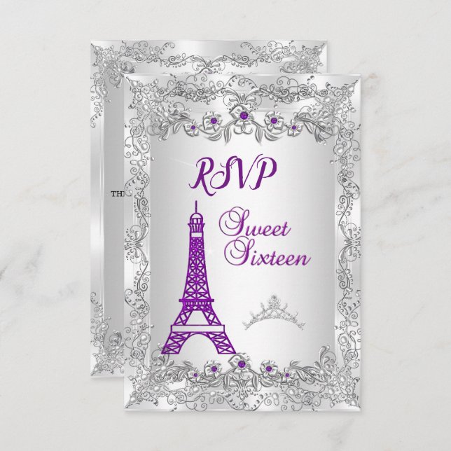 Invitation RSVP Princess Sweet 16 violet Silver Photo Party (Devant / Derrière)