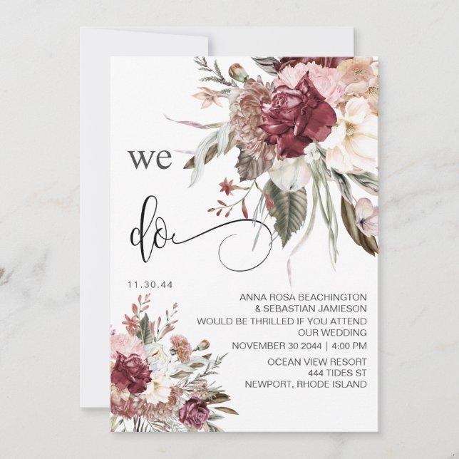 Invitation *~* RSVP QR AR15 Floral Burgundy Rose MARIAGE (Devant)