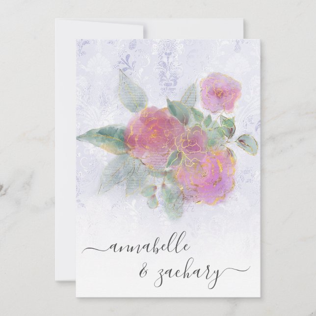 Invitation *~* RSVP - QR Damask Floral Rose Gold AR12 Mariage (Devant)