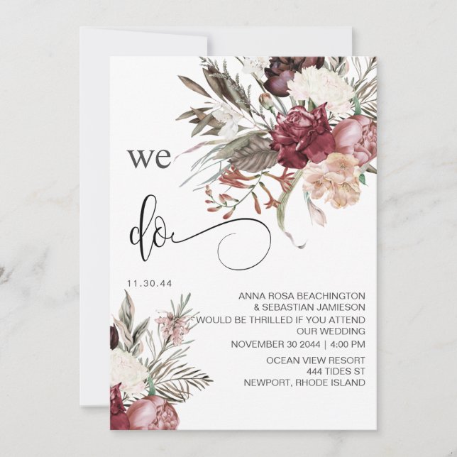 Invitation *~* RSVP QR Floral Burgundy Rose AR15 MARIAGE (Devant)