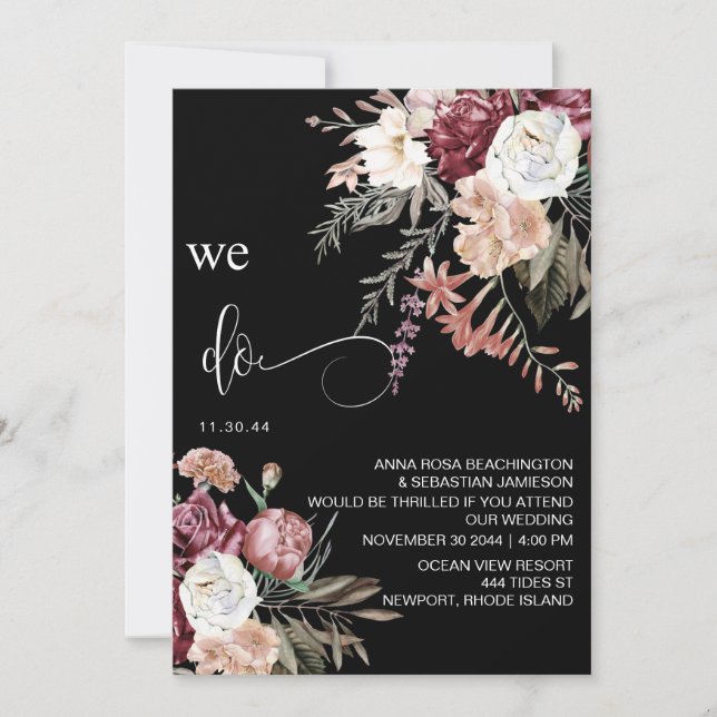 Invitation *~* RSVP QR Floral MERLOT Rose Peony AR15 MARIAGE (Devant)