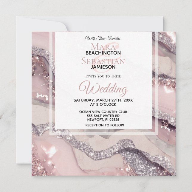 Invitation *~* RSVP QR Silver BLUSH PINK AGATE AR66 Mariage (Devant)