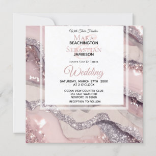 Invitation *~* RSVP QR Silver BLUSH PINK AGATE AR66 Mariage