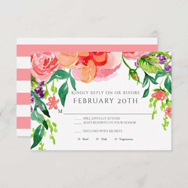 Invitation RSVP Rose d'aquarelle moderne Mariage à rayures fl (Devant / Derrière)