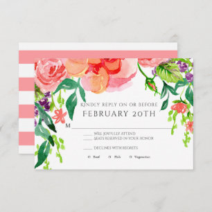Invitation RSVP Rose d'aquarelle moderne Mariage à rayures fl